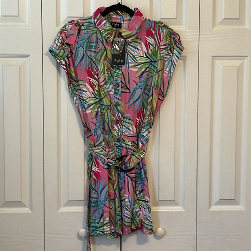 Fate Women's Tropical Print Shorts Romper - Pink and Green